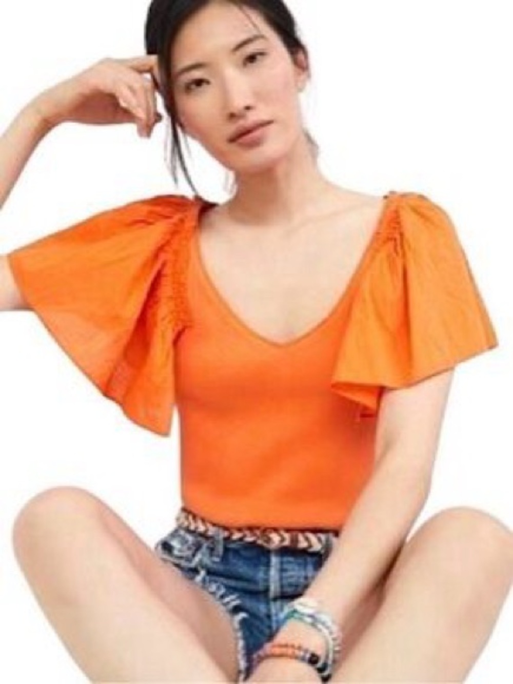 Maeve Anthropologie Orange Ruched Puff Sleeve Ribbed Top M